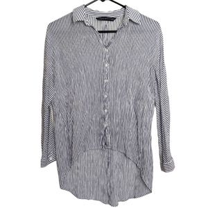 Zara Woman Navy Blue Striped White Long Sleeve High Low Blouse Size Medium